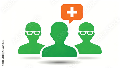 Vector of patients group and speech bubble with medical cross. Symbol of public health new