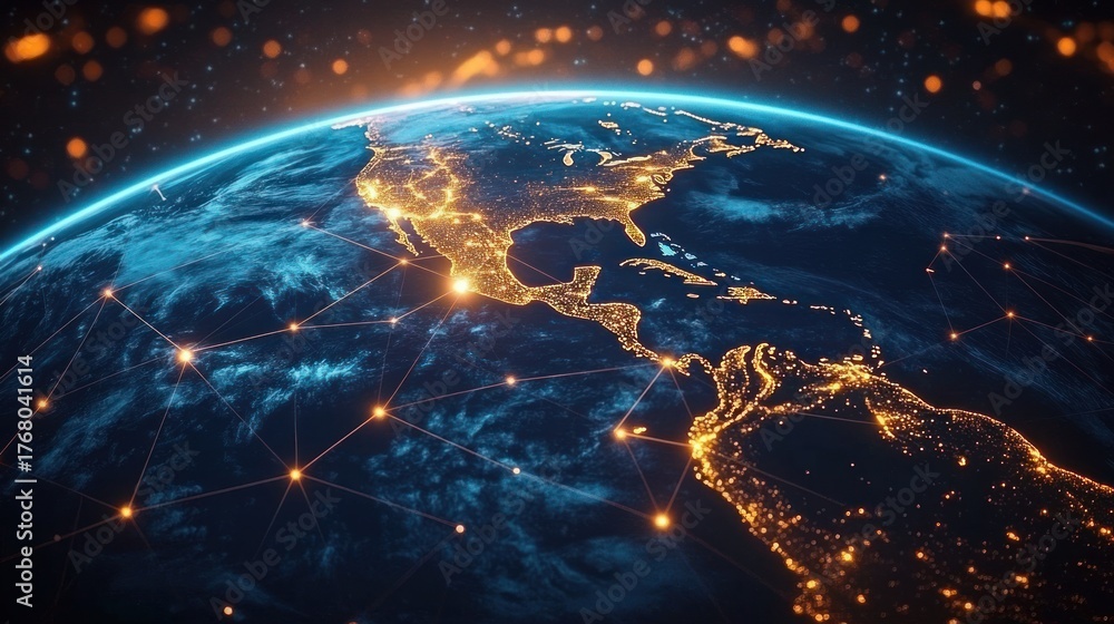 Obraz premium View of the Earth's western hemisphere at night showing illuminated connected cities from North to South America with bright lights and network lines against a dark space background