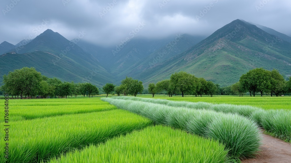 Obraz premium Vibrant Green Rice Paddy Field with Rows of White Flowers and Lush Trees Under Cloudy Mountains Sky