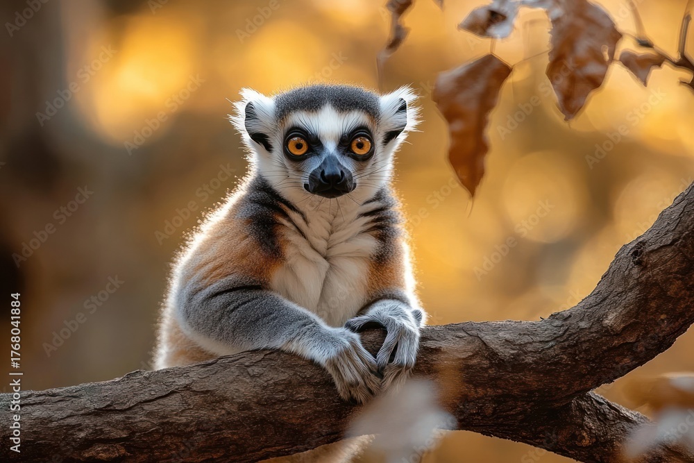 Obraz premium close-up of alert lemur sitting on tree branch surrounded by autumn leaves with warm golden background