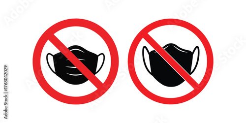 Two red prohibition signs with crossed out black face masks indicating no masks allowed