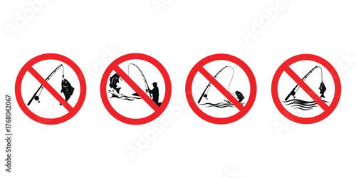 Four red circle with slash prohibition signs showing different fishing activities are not allowed