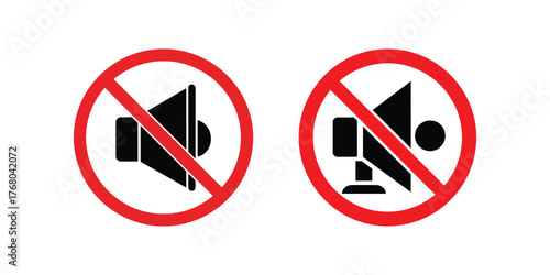 Two red prohibition signs with black speaker icons indicating no sound or silence on a white background