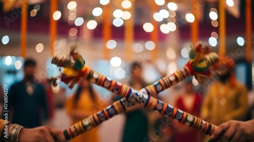 Traditional Garba or Dandiya Dance Celebration with Colorful Sticks