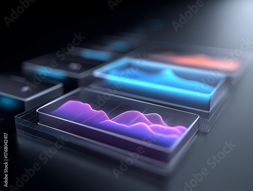 Charts displaying glowing data visualizations sit on a dark surface to represent modern financial analysis and digital business growth.