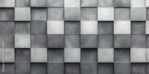 close-up of a three-dimensional pattern of gray concrete square tiles casting shadows creating depth and geometric repetition