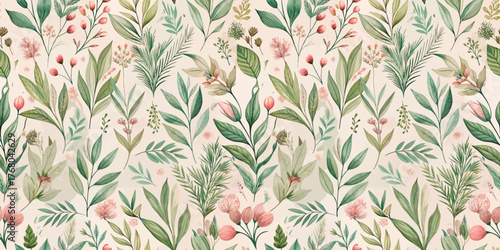 A vibrant floral pattern featuring green leaves and delicate pink and peach flowers.