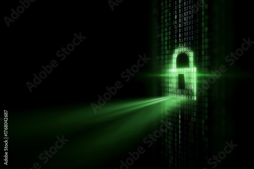 Lock icon glows with vibrant green data streams against a dark background of binary code to signify robust cybersecurity and the protection of sensitive digital information for modern businesses.