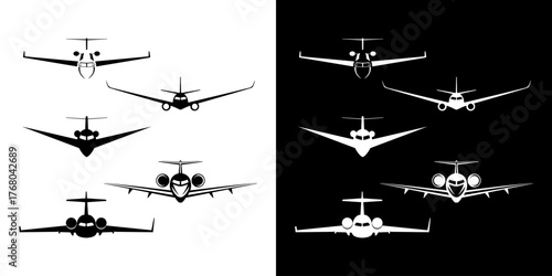 Plane airplane front silhouette icon flat logo set graphic