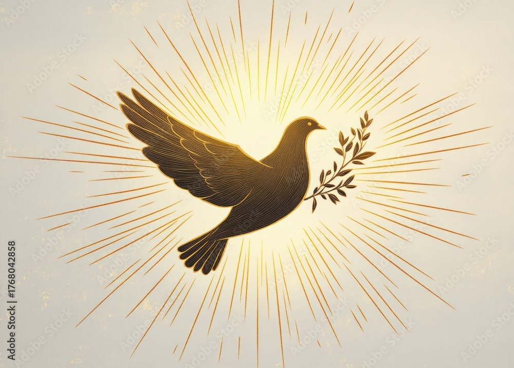 Obraz premium dark silhouette of a flying bird carrying an olive branch surrounded by radiant golden light rays on a neutral background evoking peace and hope