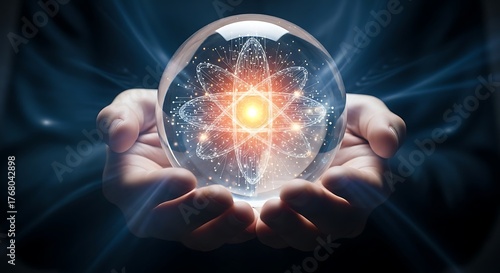 Visionary hands hold a mystical crystal ball revealing a luminous atomic structure, symbolizing the future of science and technology