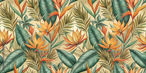 Vibrant tropical foliage pattern featuring exotic flowers and lush green leaves.