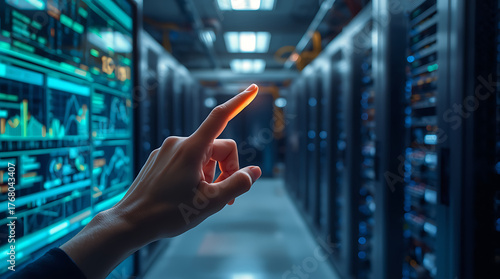 A hand pointing to a glowing screen displaying advanced analytics and AI insights in a data center control room.