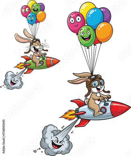 Funny Cartoon Rabbit Flying on a Rocket with Balloons Vector Set