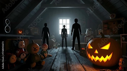 A spooky attic setting with a glowing jack-o’-