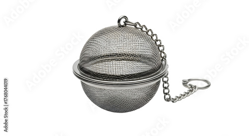 Tea infuser isolated on transparent background, a spherical mesh device with a chain, used to steep loose tea leaves in a cup or teapot for flavor