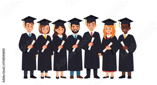 Diverse Student Graduates Cartoon Vector: Friendly College Commencement Group