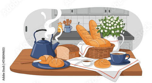 A delightful breakfast spread featuring various fresh breads, a steaming blue teapot, and a warm cup of coffee on a rustic kitchen counter.