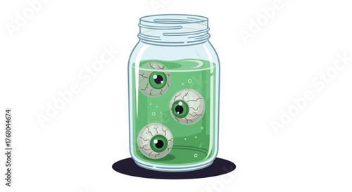 Pixel art illustration of three creepy eyeballs floating in a jar filled with glowing green liquid, ready for a spooky Halloween.