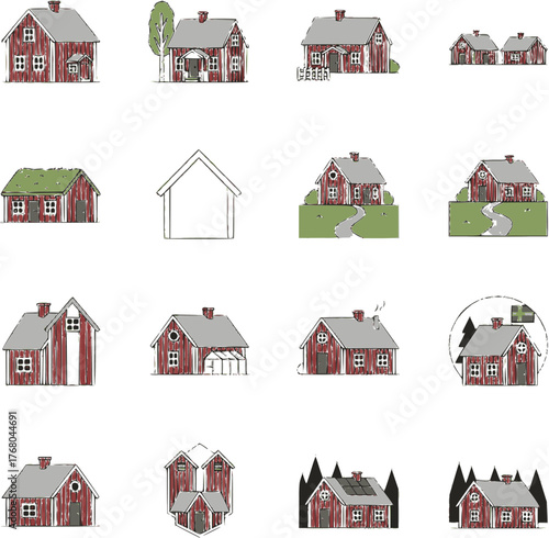 Vector Icon Set of Traditional Swedish Red and White Houses