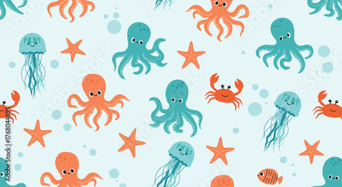 Seamless pattern with cute cartoon marine animals like octopuses, crabs, starfish, and jellyfish on a light blue background.