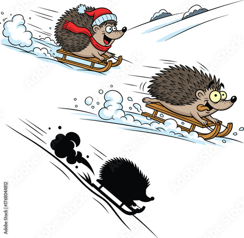 Happy Cartoon Hedgehog Sledding Down Snowy Hill Vector Illustration