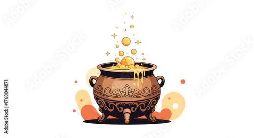 An ornate cauldron bubbling with a golden, magical liquid and overflowing with sparkling bubbles and drips.
