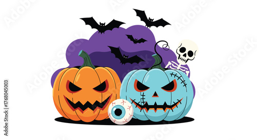 A vibrant Halloween illustration depicting two spooky jack-o'-lanterns, an eyeball, a skeleton, and bats against a mysterious purple cloud.