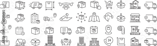 ベクターでモノクロの引っ越しに関する線画アイコンセット

