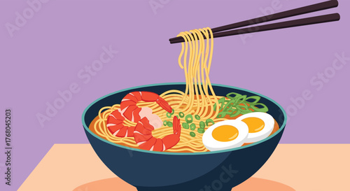 Appetizing flat design illustration of a ramen bowl with chopsticks lifting noodles, featuring shrimp, eggs, and fresh green onions on a table.