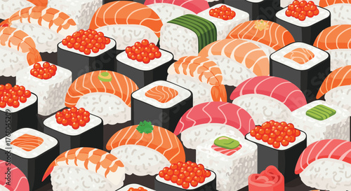 A vibrant and appealing seamless pattern illustration of diverse Japanese sushi and sashimi, showcasing salmon, tuna, shrimp, and salmon roe.