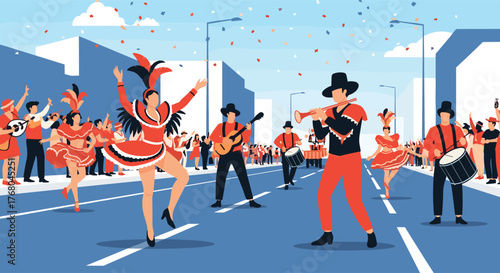 Vibrant street parade with enthusiastic dancers and musicians in festive costumes celebrating a lively event in a city setting.