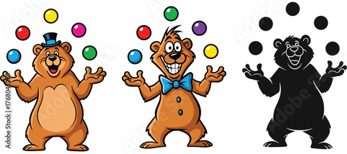 Smiling Cartoon Bear Juggler with Colorful Balls Vector Illustration Set
