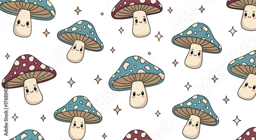 Cute cartoon kawaii mushrooms with happy faces and sparkling stars create a whimsical seamless pattern on a clean white background.
