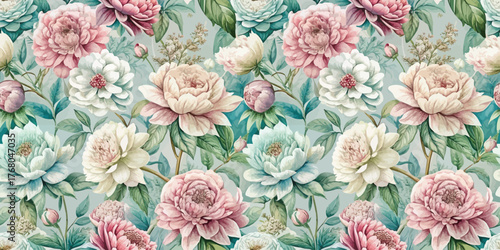 A stunning floral pattern featuring peonies in soft pastel colors, creating a serene and elegant atmosphere.