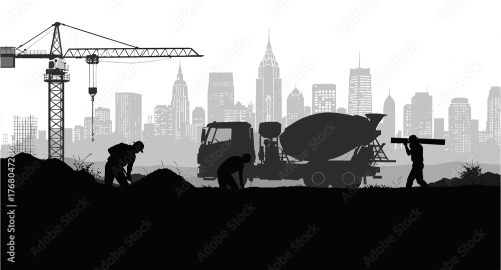 Obraz premium Dynamic construction workers building silhouette, modern city skyline backdrop, vibrant urban development project in progress