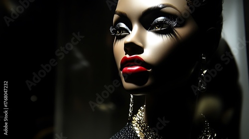 Closeup of a mannequin head with red lips and dramatic eye makeup on display