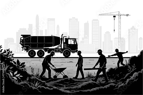 Construction workers building on site with cement truck and crane in front of city skyline for modern urban development