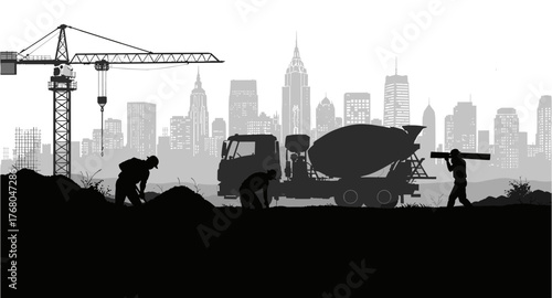 Dynamic construction workers building silhouette, modern city skyline backdrop, vibrant urban development project in progress