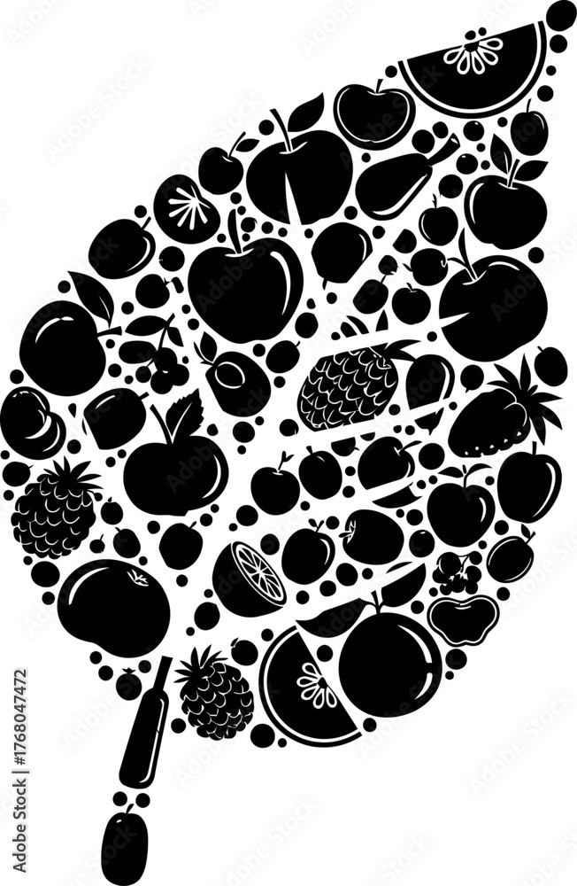 Fototapeta premium A creative silhouette of a leaf composed of various black fruit icons for a healthy eating concept