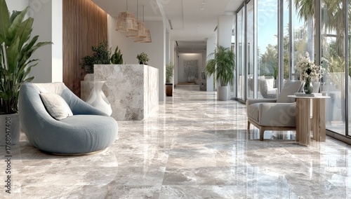 Bright, modern lobby with stone floors and natural lighting