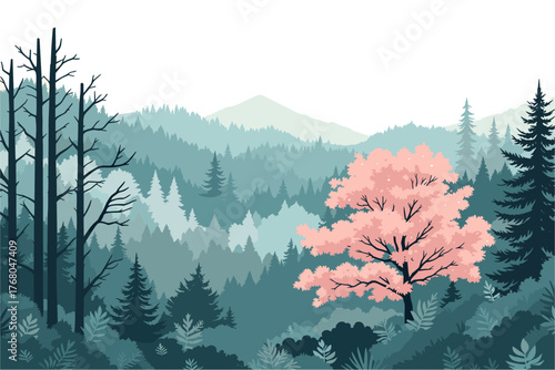 Enchanting forest landscape with soft pink blossoms and misty blue evergreen trees for nature designs