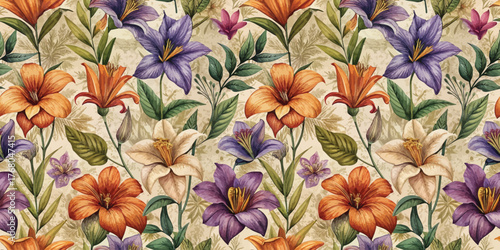 Vibrant floral pattern featuring orange, purple, and cream flowers on a soft beige background.