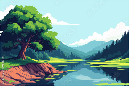 Discover a serene landscape with tranquil lake, vibrant trees, and distant mountains, perfect for nature lovers