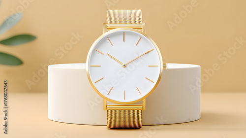 Gold watch minimalist luxury elegant mesh strap white dial timepiece modern gold metal round analog clean premium wristwatch studio pedestal cylinder beige soft light stylish fashion accessory