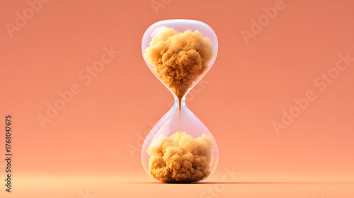 Smoke hourglass glass hourglass time concept surreal art minimal design orange background abstract shape soft light modern style vapor cloud. Smoke hourglass with glass hourglass and time concept