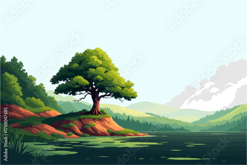 Stunning lake view with lush green hills and a lone tree by the water's edge offers peace and tranquility