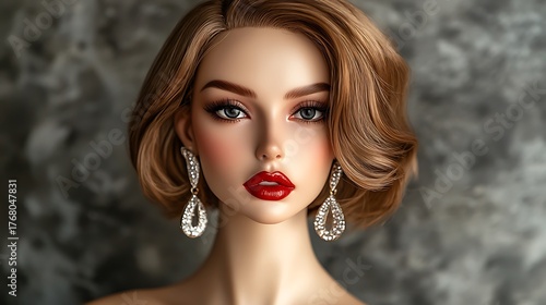 Closeup of a beautiful woman with red lips and diamond earrings posing