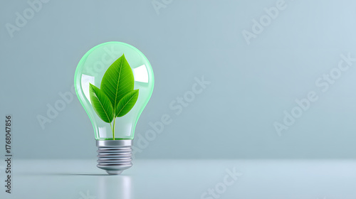 Green light bulb eco icon minimal design clean background energy concept sustainability leaf inside green energy renewable power eco friendly