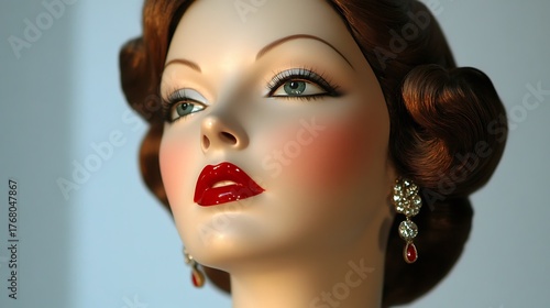 Closeup of a vintage mannequin with red lips and diamond earrings posing